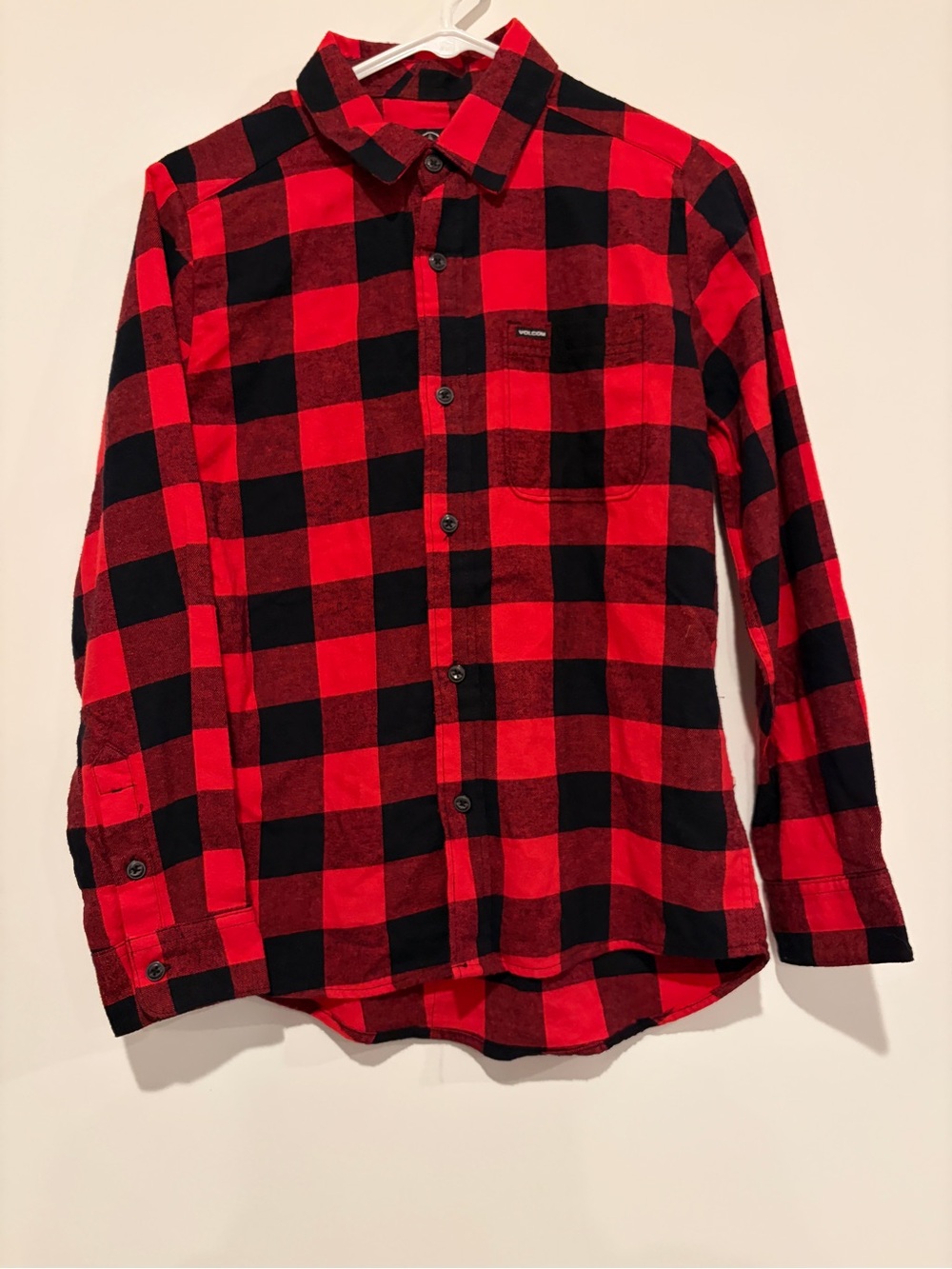Volcom Size L Red Black Buffalo Check Plaid Flannel Button Down Shirt Youth 14